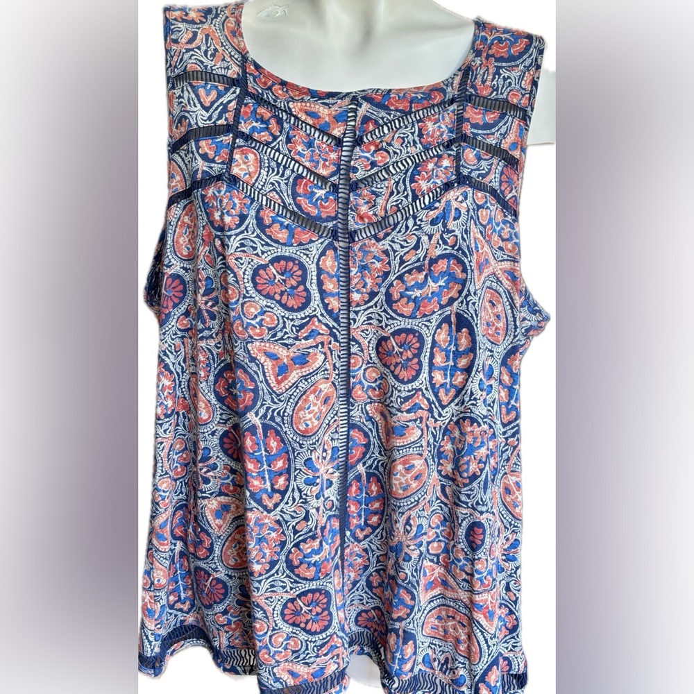 Lucky Brand Blue and Orange 2X Sleeveless Top with Crochet Accents